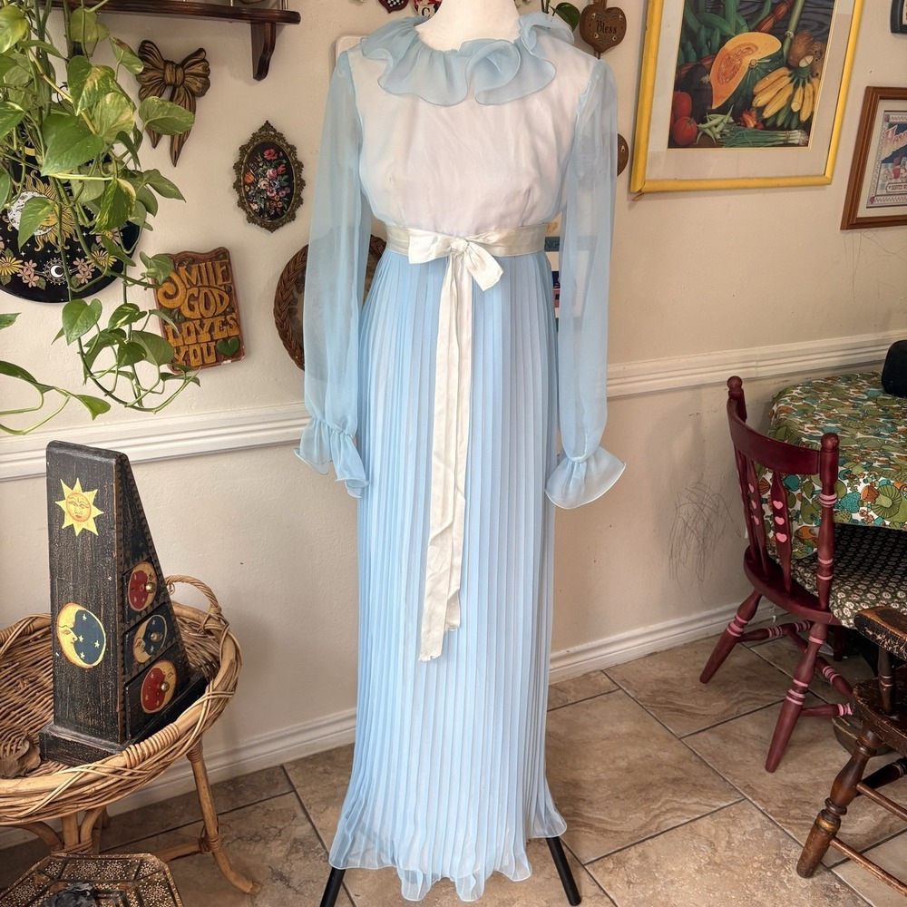 Vintage 60s MCM Dress Cottagecore Prairie Dainty Bow Pleated Chiffon Modest